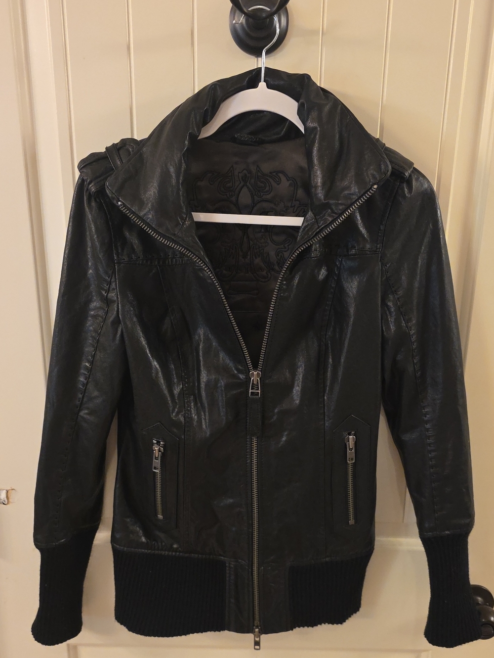 Mackage Black Faux Leather Bomber with High Collar